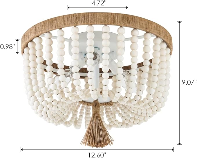 VILUXY Bohemia Wood Beaded Flush Mount Ceiling Light Antique Rustic Mini Round Chandelier White for Bedroom Kitchen Island Girl Room Entryway 3-Light