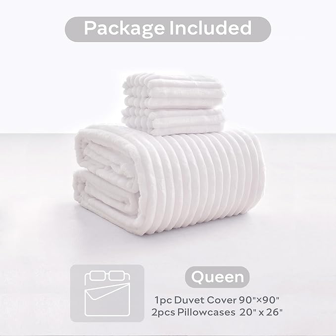 JELLYMONI Plush Duvet Cover Set - Queen Size Pure White Striped Fluffy Comforter Cover 3pcs Bedding Set Luxury Ultra Soft Faux Fur Duvet Cover with Zipper and 2 Pillowcases (NO Comforter)