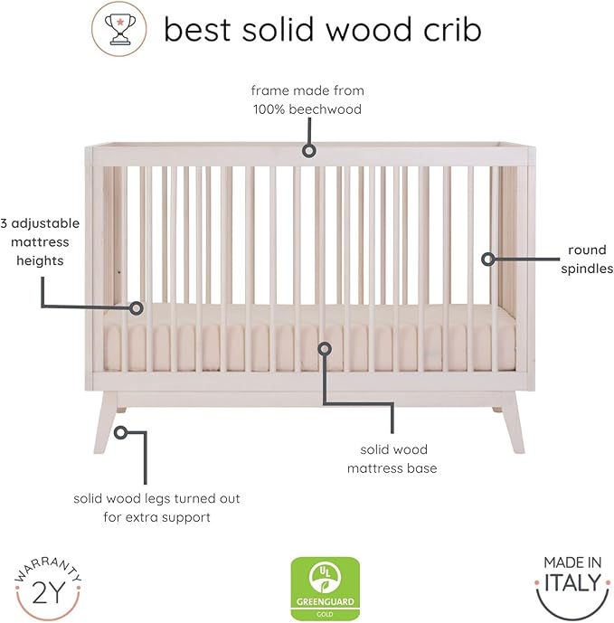 dadada Baby Soho 3 in 1 Convertible Wooden Crib to Toddler Bed - Made in Italy, GREENGUARD Gold Certified, Baby-Safe Finish, Sustainable Beech Wood, Modern Design, 3 Adjustable Heights (Natural Wash)