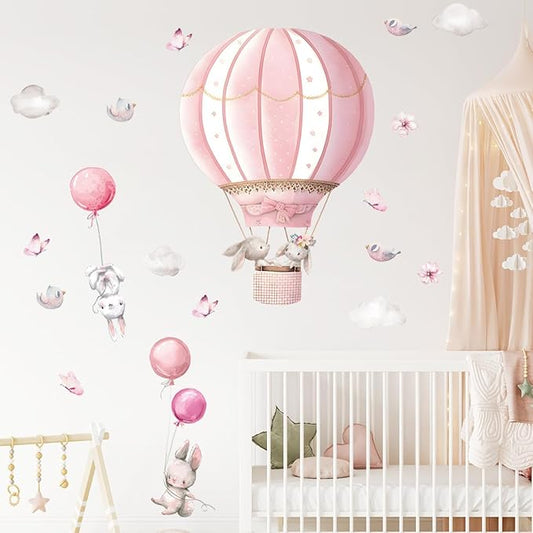 Pink Hot Air Balloon Rabbit Wall Stickers Animal Dream Peel and Stick Wall Decals for Kids' Rooms Nursery Classroom