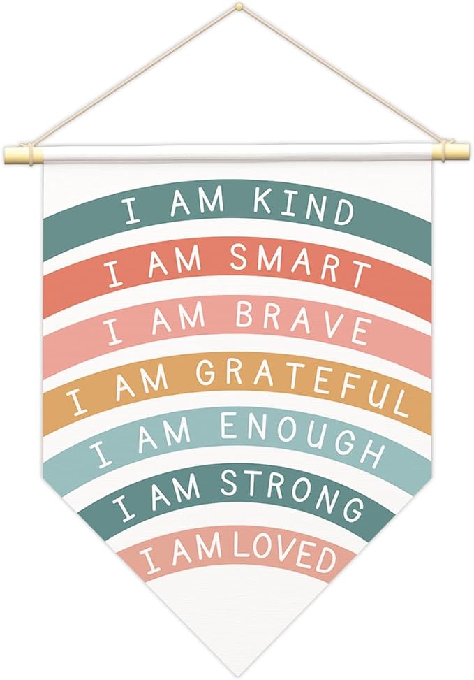 Positive Affirmations Wall Art for Kids,I Am Enough,Rainbow Inspirational Classroom Decor, I Am Kind Smart Brave Loved Nursery Banner, Bedroom Hanging Sign,Nursery Motivational School Wall Decor-B07