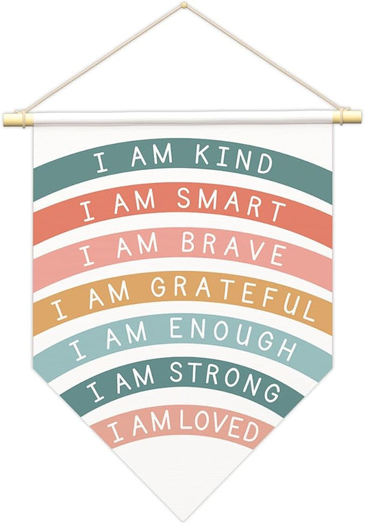 Positive Affirmations Wall Art for Kids,I Am Enough,Rainbow Inspirational Classroom Decor, I Am Kind Smart Brave Loved Nursery Banner, Bedroom Hanging Sign,Nursery Motivational School Wall Decor-B07