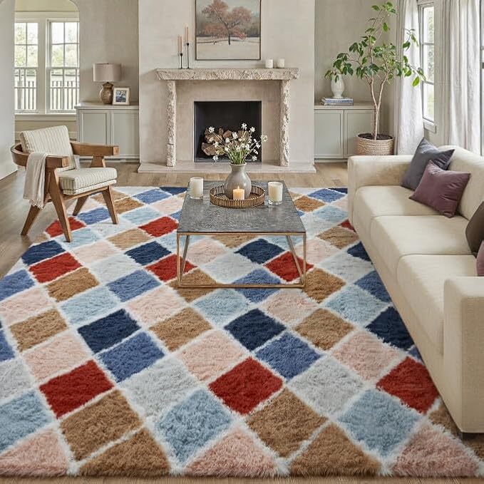 6x9 Checkered Rug for Living Room Rainbow Modern Soft Area Rug Fluffy Non-Slip Carpet for Bedroom Playroom Home Aesthetic Decor
