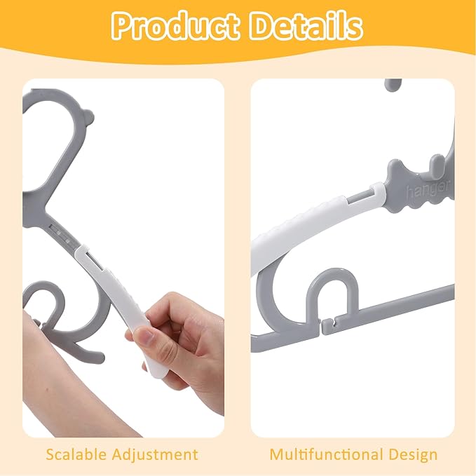 30 Pack Baby Clothes Hangers with 16 Clips, 11-15 inch Adjustable Kid Hanger, Multifunctional Children Hanger for Girl Boy Toddler Kids Child(Grey)