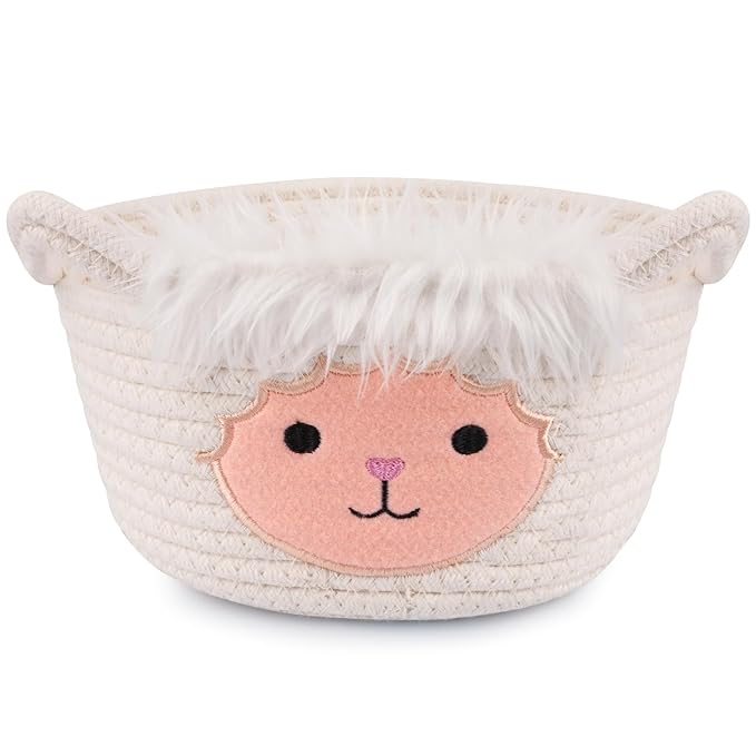 Small Storage Basket for Nursery, Sheep Woven Animal Gift Basket, Round Woven Rope Cotton Storage, Baby Blanket 0rganizer with Ears Handles, Blanket Towel Decor Storage Bins, 8.2"D x 4.7"H IN