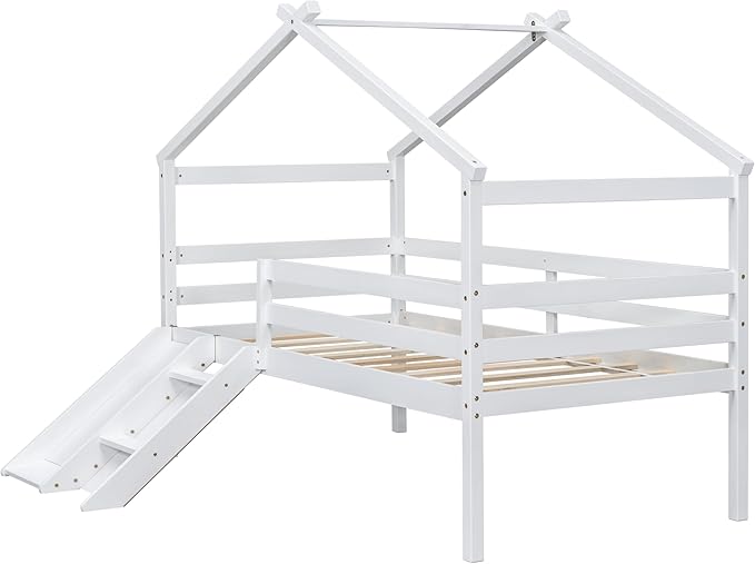 Twin Size Low Loft Bed with Slide and Ladder for Kids Boys Girls, Solid Wood House Roof Loft Bed Frame with Safety Guardrails, Sturdy Slat Support (White-50)