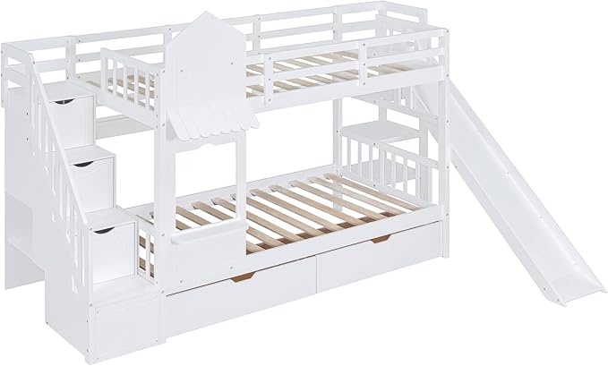 Twin-Over-Twin Castle Style Bunk Bed with 2 Drawers and 3 Shelves, Wood Bunk Bed Frame with Slide and Storage Staircase for Kids Teens Boys Girls, Maximize Space Savings