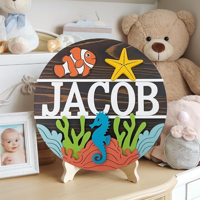 Personalized Name for Nursery Wall, Sea Animals Sign for Baby Door Decor, Newborn Gifts for Girl, Girls Nursery Wall Bedroom Decorations, Mother's Day Gifts for New Mom Dad Gift