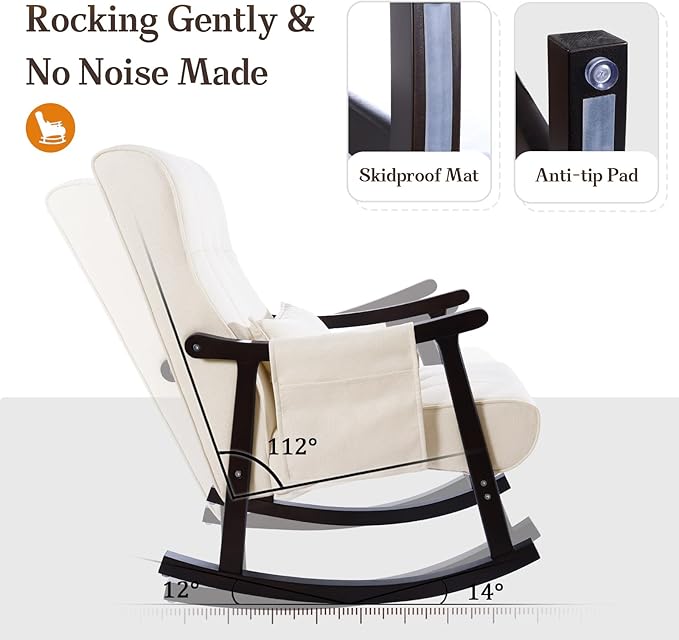 NOBLEMOOD Rocking Chair Indoor with Ottoman, Nursery Rocking Chair with Lumbar Pillow, High Back Upholstered Solid Wood Frame Rocker for Living Room