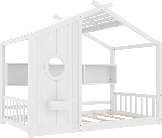 Twin Size House Bed with Storage Shelves for Kids,Kids Montessori Floor Bed, Cute Wood House Bed Frame Twin with Roof for Girls,Boys,Can be Decorated,White