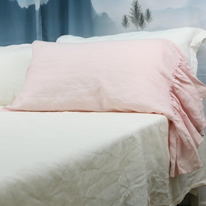 100% French Linen Pillowcase Ruffles Pillow Cover King Queen Twin 1 pcs (Queen, Pink)