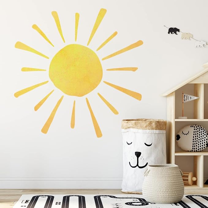 35.4" x 35.4" Watercolor Boho Sun Wall Decals Peel and Stick, PVC Sunrise Wall Stickers, Yellow Sunshine Wall Art Decor for Kids Room Playroom Nursery Bedroom (Boho Sun-3)