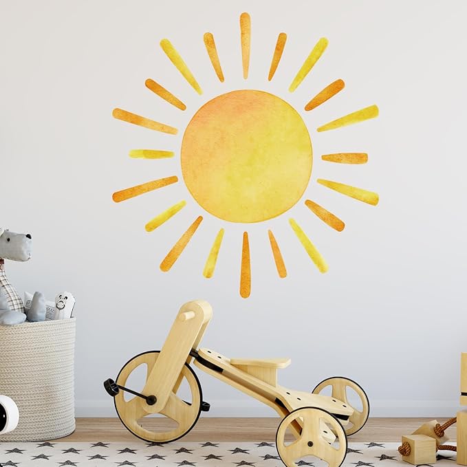 41.7” X 39.8” Watercolor Boho Sun Wall Decals Peel and Stick, PVC Sunrise Wall Stickers, Yellow Sunshine Wall Art Decor for Kids Room Playroom Nursery Bedroom