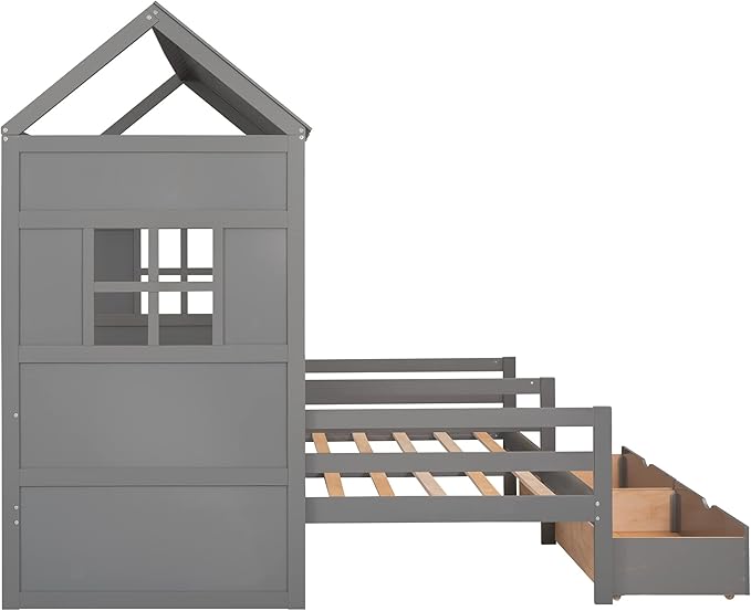 P PURLOVE Double Shared Bed,Twin Size House Platform Beds with Two Drawers for Boy and Girl Shared Beds, House Bed Frame Combination of 2 Side by Side Twin Size Beds,Gray