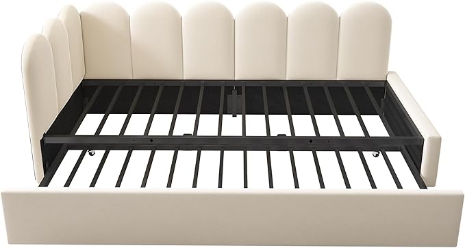 Merax Modern Upholstered Sofa Day Bed with Trundle Bed, Floor Platform Bed Frame with Headboard, No Box Spring Needed/Easy Assemble Twin, Beige