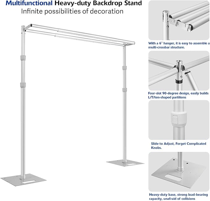 Hecis10ftx10ft Double Crossbar Pipe and Drape Stand, Heavy Duty Backdrop Stand, Adjustable Metal Background Stand for Parties Birthday Party Baby Shower Wedding Decorations