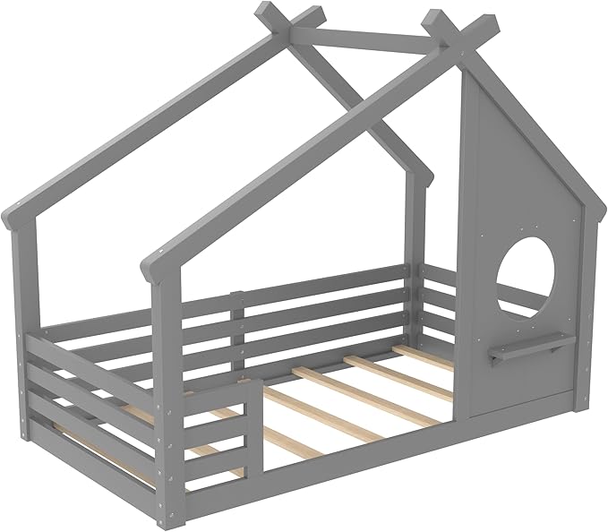 SOFTSEA Twin Size Floor House Bed with Roof, Solid Wood Montessori Bed Frame with Slats and Guardrails, Kids Playhouse Floor Bed for Boys Girls, No Spring Box Needed, Grey