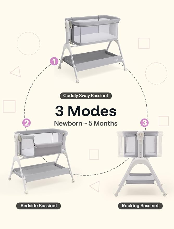 HARPPA Cuddly Baby Bassinet Bedside Sleeper, 3 in 1 Rocking Bassinet with Mattress and Soft Cover, Full Mesh Sides, 5 Height Adjustable with Wheels for Newborns, Grey