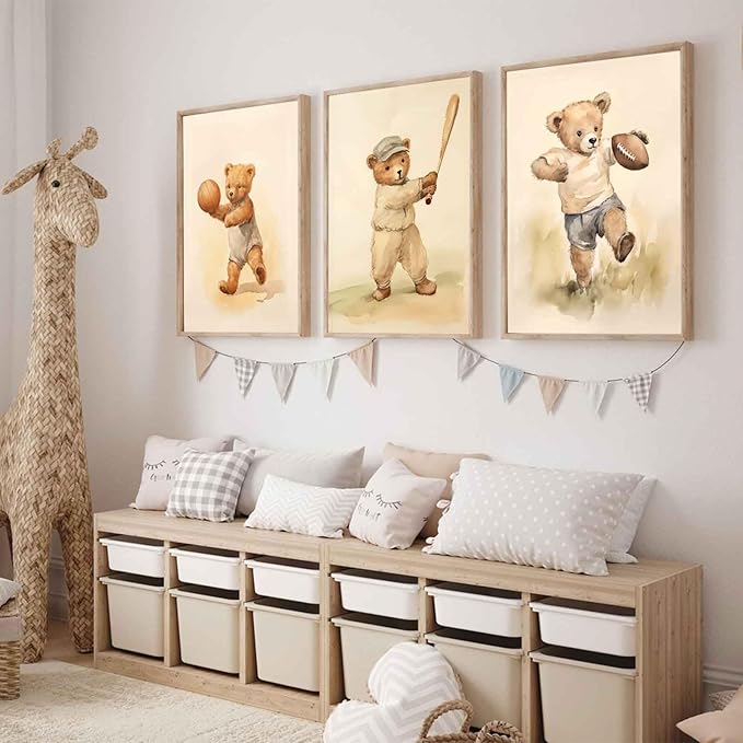 3Pcs Teddy Bear Sports Nursery Animal Canvas Wall Art Cute Woodland Baby Bear Rugby Wall Decor Pictures Football Basketball Baseball Kids Room Posters Prints for Children Bedroom Decoration No Frames