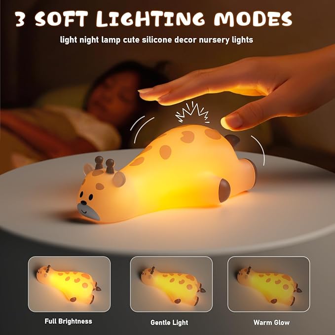 Cute Giraffe Night Light for Kids，3-Level Dimmable Nursery Nightlight, Silicone Squishy Light Up , Rechargeable Touch Control Nursery Bedside Light, Christmas Gift for Baby Toddler grandkids Room