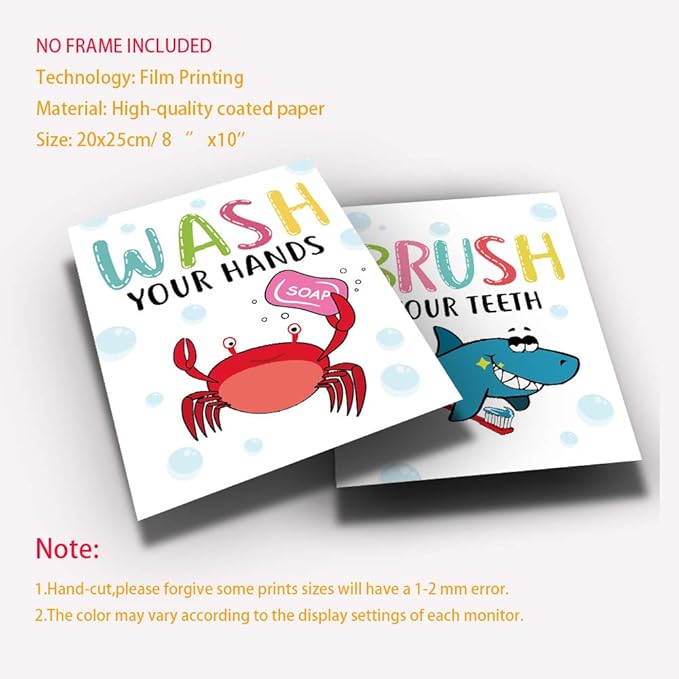 Funny Colorful Cartoon Sea Life Themed Bathroom Inspirational Quotes Art Print Humorous Quotes Painting, Toilet Rules Art Picture for Children Washroom Bathroom Decor, Set of 4 8X10 inch, No Frame