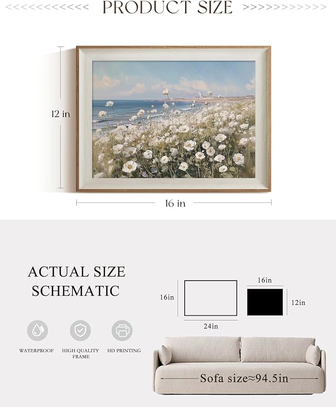 ARPEOTCY Framed Canvas Wall Art, 12x16 Inch Wildflower Coastal Landscape Print, Vintage Floral Seaside Painting for Bedroom, Bathroom, or Cottage, Rustic Horizontal Wall Decor