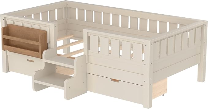 Bellemave Twin Bed with Slats and Stairs, Twin Size Platform Bed Frame with Fence, Bookshelf and Storage Drawers, Easy Assemble Beds for Kids, Girls, Boys, Beige