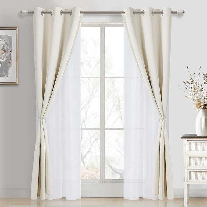 DWCN Blackout and Sheer Curtains with Tiebacks Layered Curtains for Living Room Grommet Top Window Curtain Panels with Sheer Overlay, 38 W by 84 L, Ivory, 2 Pieces