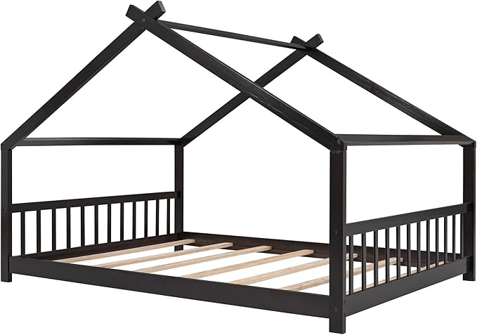 Ball & Cast Full Size Floor Bed,Low to Ground Design Montessori Bed with Roof,Toddler House Bed Frame W/Slats,No Box Spring Needed,for Girls Boys,Espresso