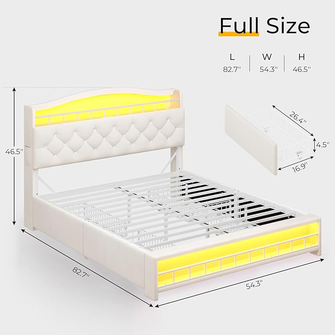 BTHFST Full Bed Frame with Storage Headboard & 4 Drawers, Girl Upholstered Storage Bed with LED Lights & Charging Station, No Box Spring Needed, Easy Assembly, Beige