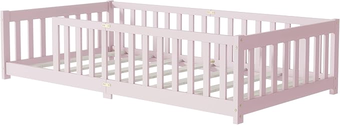 Twin Size Floor Bed for Kids, Wood Montessori Floor Beds with Fence Railings and Slats Support, Twin Playhouse Bed Frame for Boys Girls, No Box Spring Needed, Pink