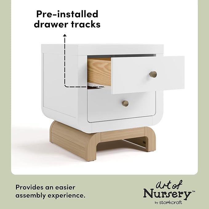 Storkcraft Santorini 2 Drawer Nightstand (White & Driftwood) - GREENGUARD Gold Certified Nightstand for Kids Bedroom, Premium Wood with Curved Base, “Champagne” Metal Knobs