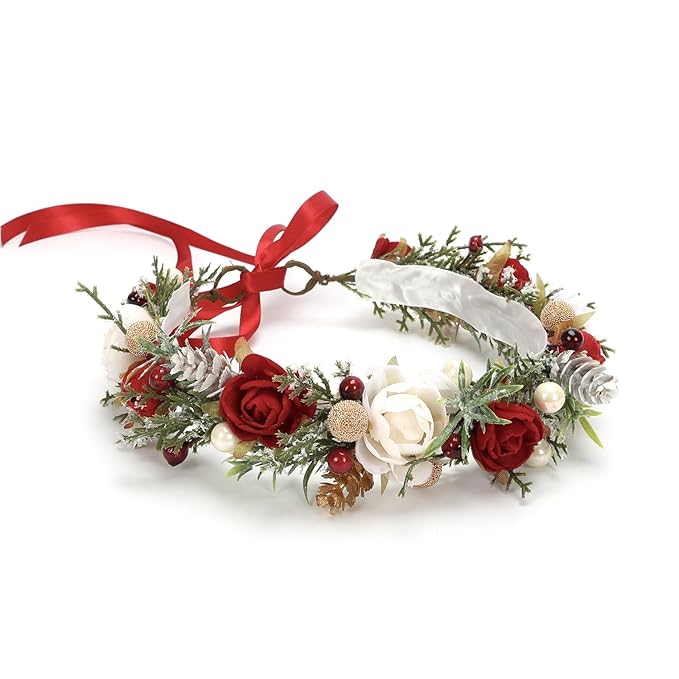 Christmas Flower Crown for Girls Winter Floral Crown Holiday Decoration Headband Xmas Wedding Headpiece Wreath Red Green Golden Gifts for GrandkidsGarland