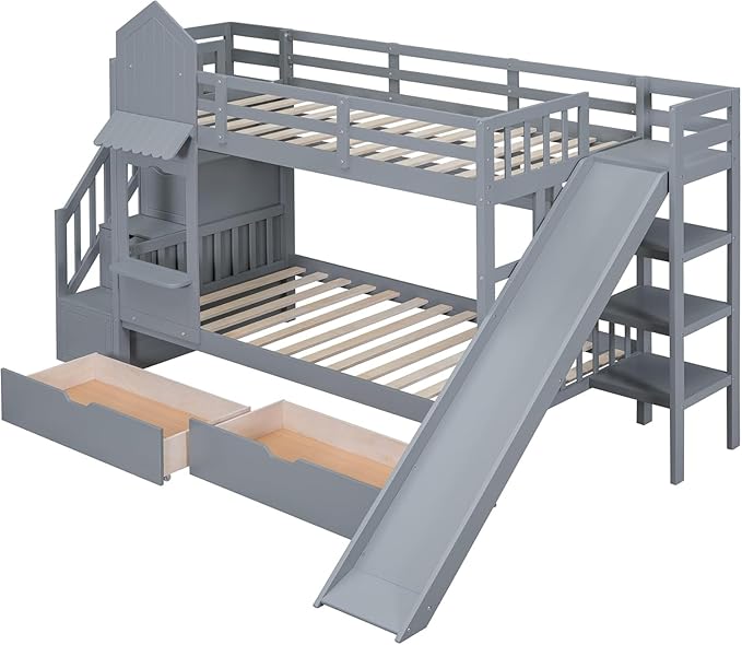 MERITLINE Twin Over Twin Castle Bunk Bed with Slide,Stairs and Drawers,Solid Wood Floor House Princess Bunk Bed with Storage Shelves (Grey)