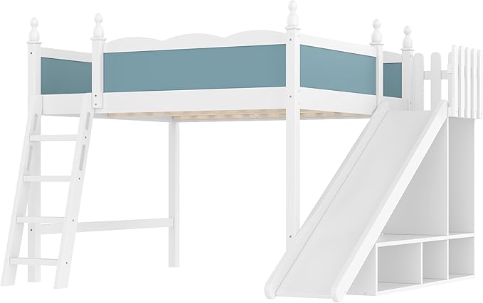 SOFTSEA Queen Size Loft Bed with Slide, Kids Loft Bed with Open Shelves and Cabinet, Playhouse Bed Frame with Detachable Slide and Ladder for Kids Boys, Blue + White