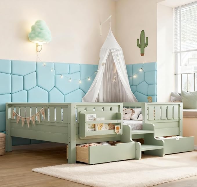 Bellemave Full Size Kids Bed with high Rails and with Built-in Bookshelf and Drawers for Kids, Girls, Boys, Wood Montessori Bed Without Door, Avocado Green