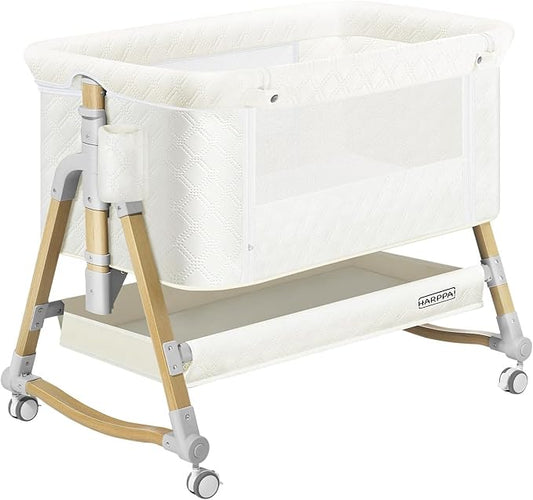 HARPPA Cuddly Bassinet, 3 in 1 Baby Bassinet, Rocking Bedside Bassinet with Wheels, 5 Height Adjustable, Includes Mosquito Net, Mattress, Anchor Strap