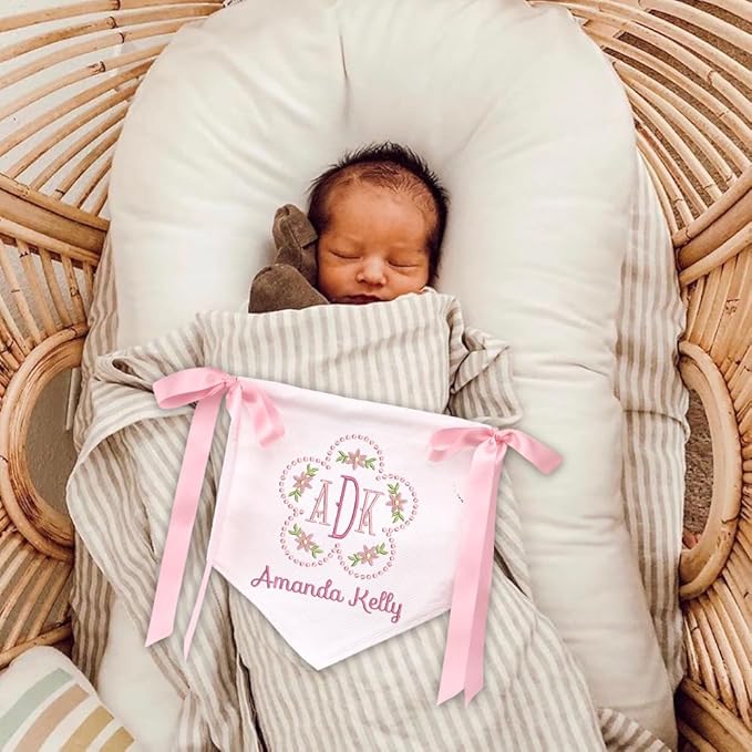 Embroidered Baby Name Sign Personalized Baby Announcement Sign Newborn Baby Banner with Bows Baby Hospital Name Sign Canvas Hanging Pennant Flag Custom Infant Baby Name Baby Shower Banner (06)