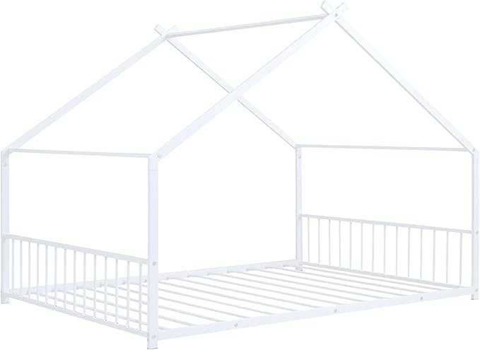 Full Size House Shaped Montessori Platform Beds, Wood Floor Bed Frame with Roof and Fence Deisgn, Kids Double Toddler Bed for Children Boys Girls, Easy Assemble, No Box Spring Needed, White