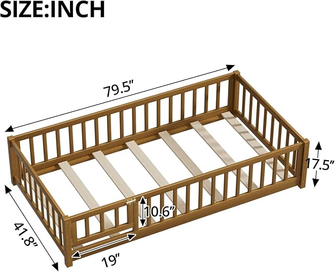 i-POOK Twin Floor Bed Frame with Wood Slats, High Fence & Small Door, Pinewood Montessori Floor Bed for Girls and Boys,Light Espresso