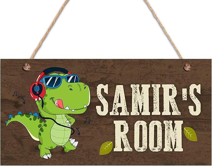 Personalized Wood Hanging Sign for Boys Nursery Kids Bedroom, Custom Wooden Door Sign with Any Text, Cartoon Dinosaur Decor, Kids Nursery Wall Art