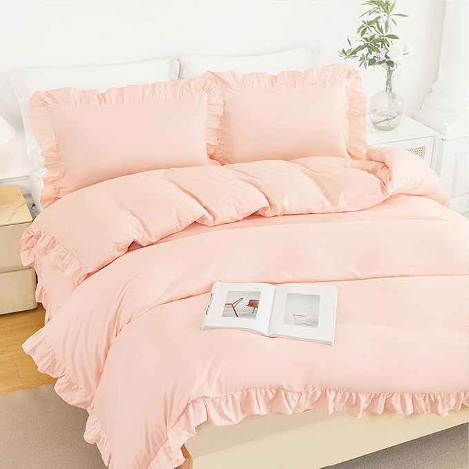 Full Size Comforter Cover Set for Kids Peach Pink Ruffle Duvet Cover Sets 3 Pieces Ruffled Bed Cover Set Vintage Cute Girls Bedding Quilt Cover Set All Seasons(Peach Pink, Full)