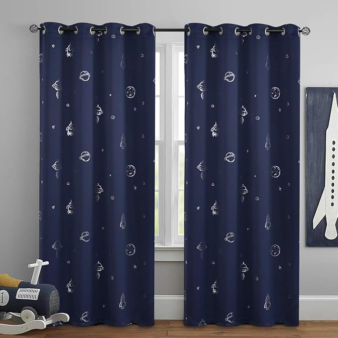 Vangao Navy Blue Kids Curtains for Boys Bedroom Space Theme Blackout Curtains for Kids Nursery Girls Room 84 Inches Length Silver Foil Print Drapes Grommet Top Window Treatments Set 2 Panels