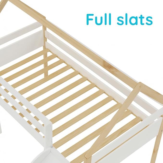 From the Tree Furniture Twin Loft Bed with Slide for Kids – Solid Wood House Frame with Safety Rails, Low Loft Playhouse Bed