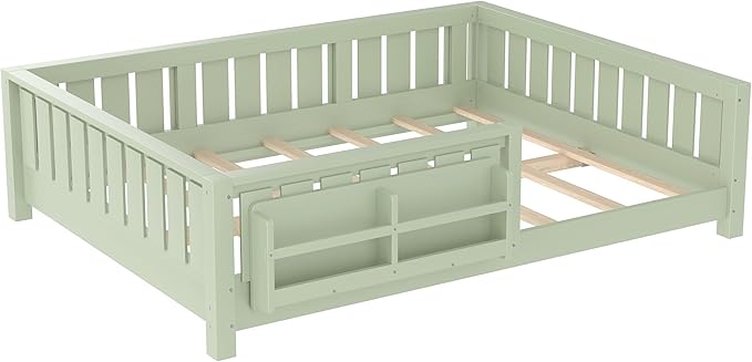 Bellemave Full Size Floor Bed with Slats and Safety Guardrail, Full Size Montessori Floor Bed with Fence and Built-in Bookshelf, Easy Assemble Montessori Beds for Kids, Girls, Boys, Green