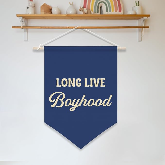 Long Live Boyhood Wall Banner – Vintage Navy Canvas Wall Hanging Poster for Boys Bedroom, Nursery, or Playroom Decor – Inspirational Quote Wall Art for Kids Room 11x16inch(KD30)