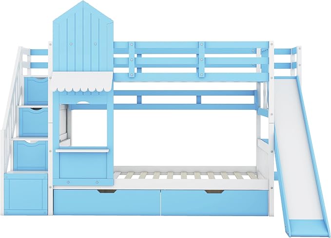 Twin-Over-Twin Castle Style Bunk Bed with 2 Drawers and 3 Shelves, Wooden Bunk Bed Frame and Storage Staircase