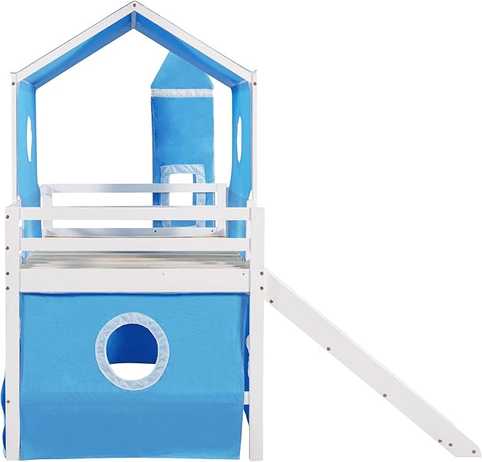 Playhouse Design Full Size Low Loft Bed with Slide & Tent and Tower, Solid Wood Tent Bed Frame for Kids Boys Girls, Versatile Spacious Under Bed Space with Curtains (Blue-TE)