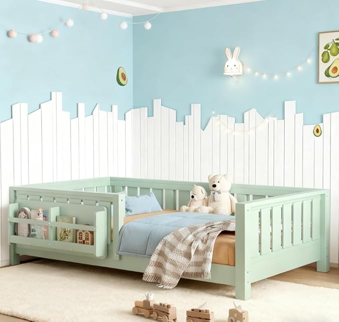 Bellemave Twin Size Floor Bed with high Rails and with Built-in Bookshelf for Kids, Girls, Boys, Wood Montessori Floor Bed Without Door, Avocado Green