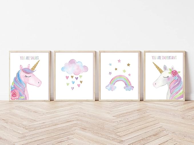 Watercolor Unicorn Nursery Wall Art Girls Room Decor Inspirational Rainbow Flower prints Baby Girls Room Poster Colorful Picture Cute Paintings for Kids Room Lovely Gift (8x10 inch，Set of 4，Unframed)